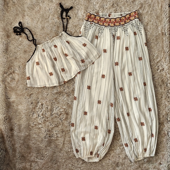 Free People Grasslands Embroidered Harem Pant Set Ivory Women's Size Large‎ - Picture 2 of 14